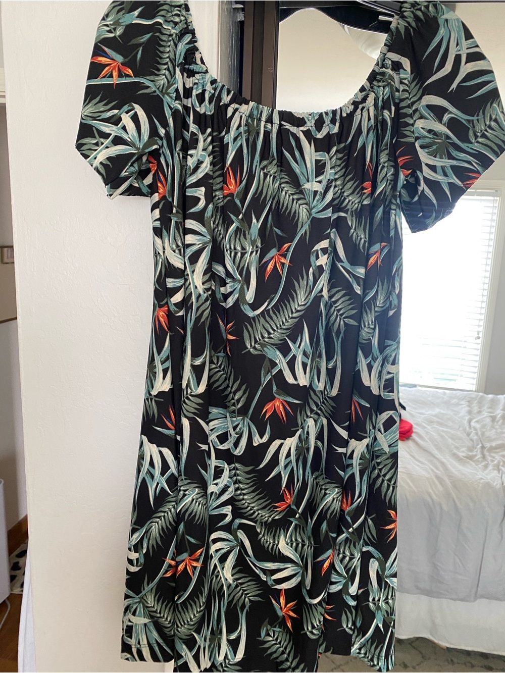 Mango Black Tropical Print Mini Dress with Green and Orange Leaves